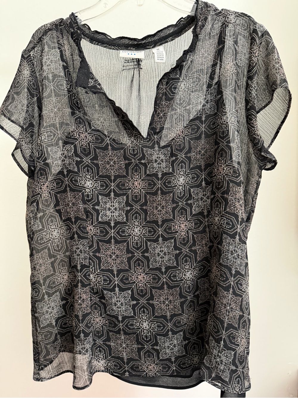 Covington Black Sheer Geometric-Print V-Neck Blouse